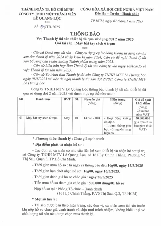 Thông báo Thanh lý tài sản thiết bị đợt 2/2025